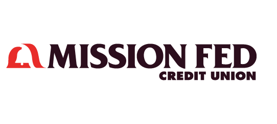 Logo for Mission Fed Credit Union: Red and black text with a stylized arch design.