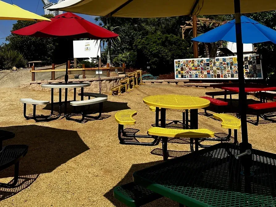 Outdoor picnic area with colorful umbrellas shading tables.