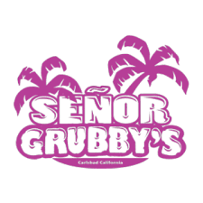 Logo for Señor Grubby's restaurant, with magenta text and palm trees; location