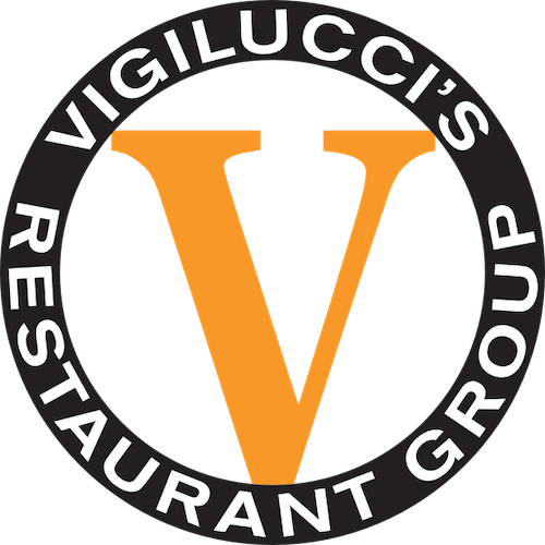 Logo for Vigilucci's Restaurant Group: Black circle with white text, large orange