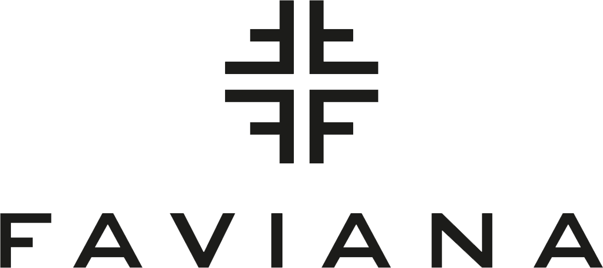 The logo for faviana is black and white and looks like a cross.