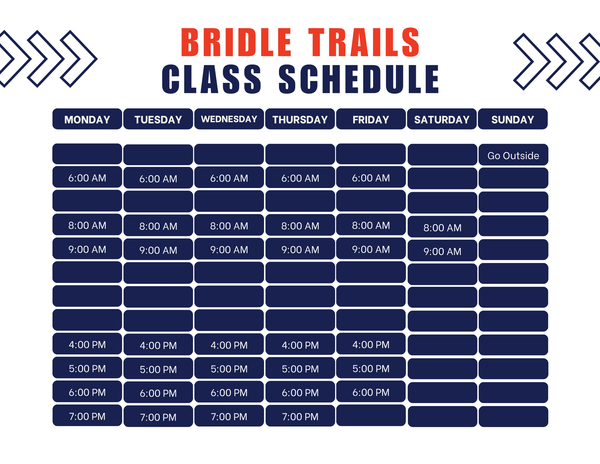 A class schedule for bridle trails is shown on a white background.