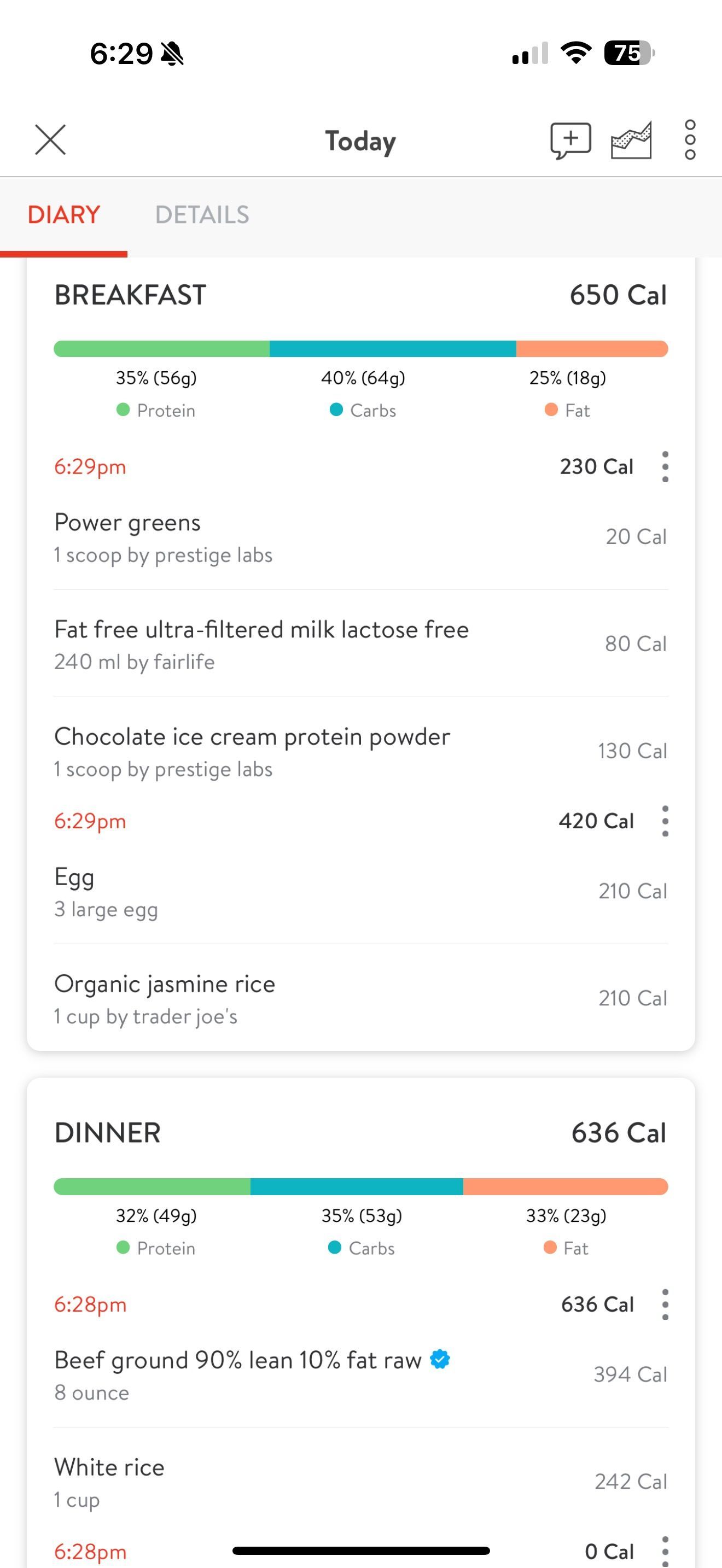 screenshot of the daily nutrition log in the Sasquatch Remote app