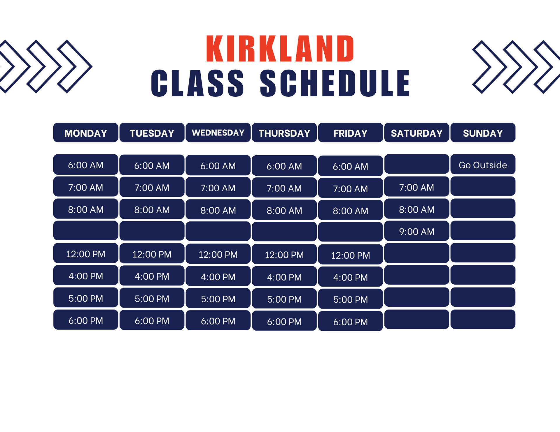 A class schedule for kirkland school is shown on a white background.