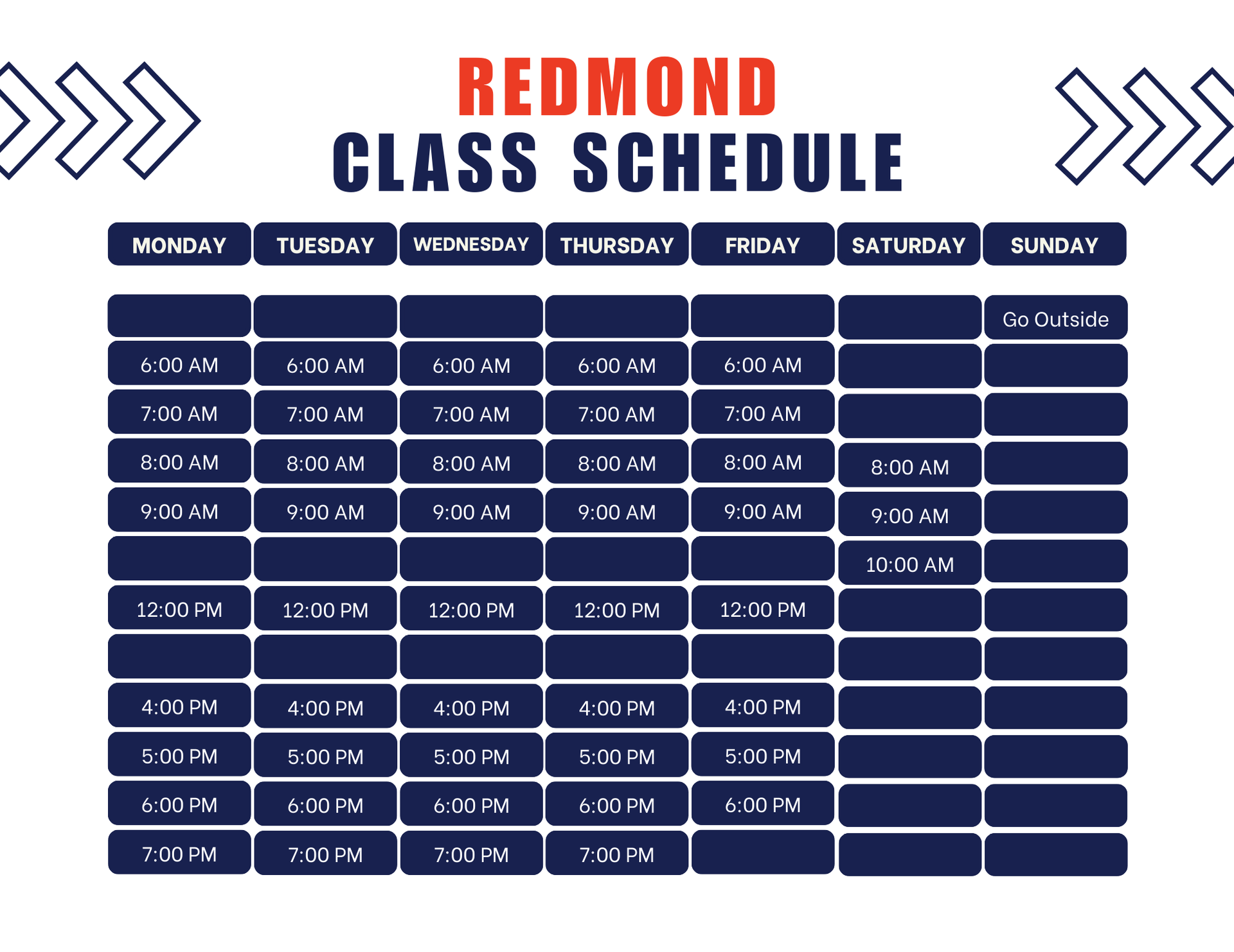 A redmond class schedule is shown on a white background.