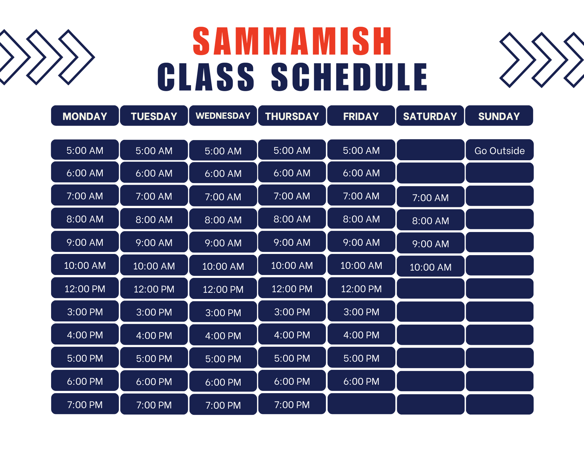 A class schedule for sammmish is shown on a white background.