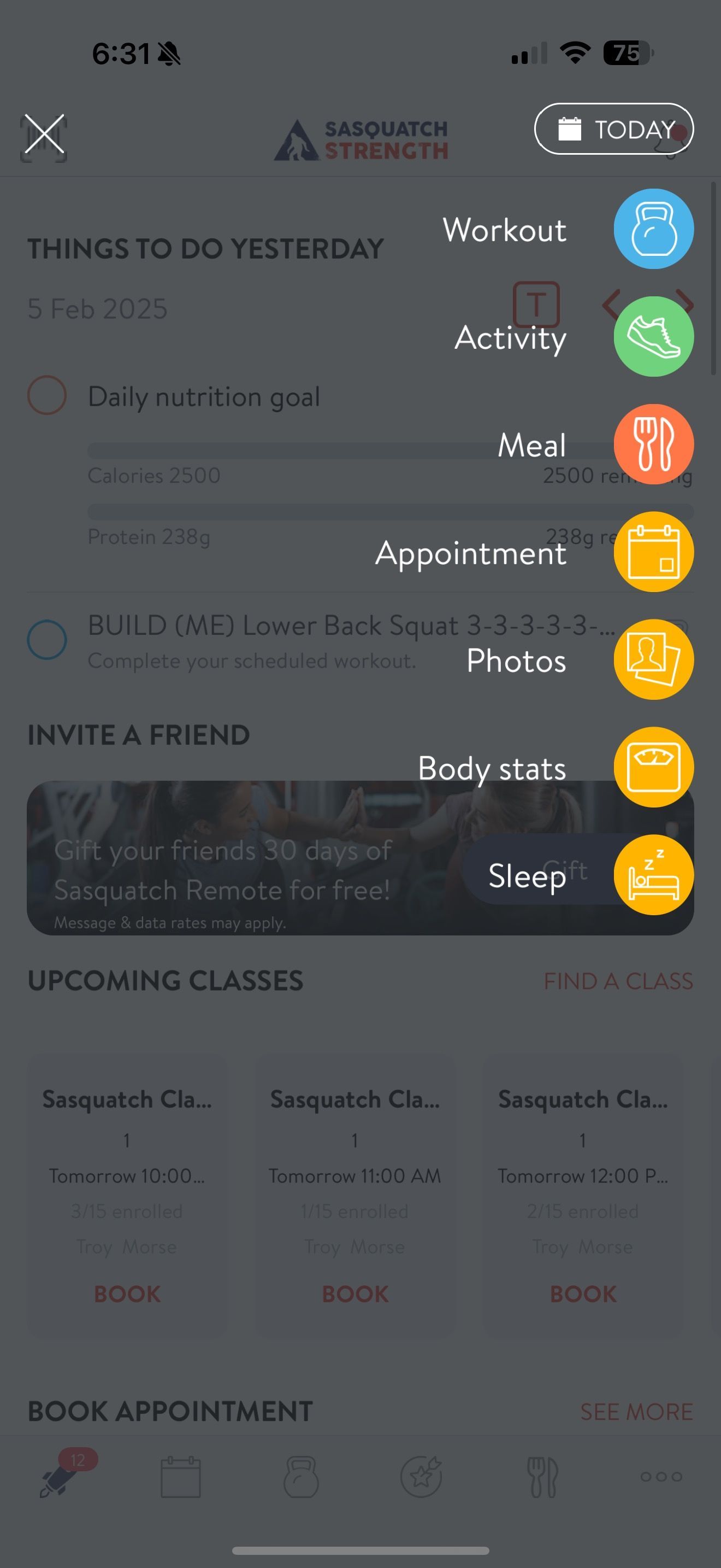 screenshot of the quick-add menu in the Sasquatch Remote app