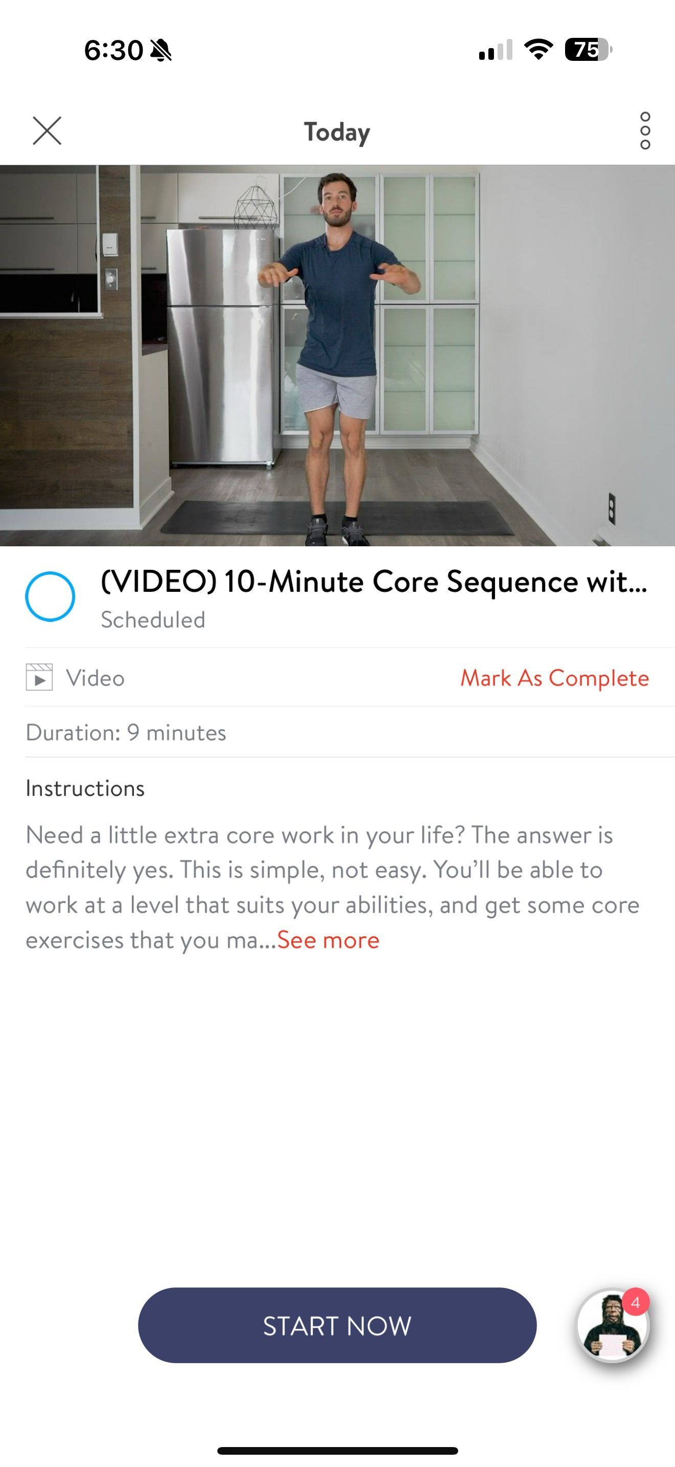 screenshot of the workout video tutorial in the Sasquatch Remote app