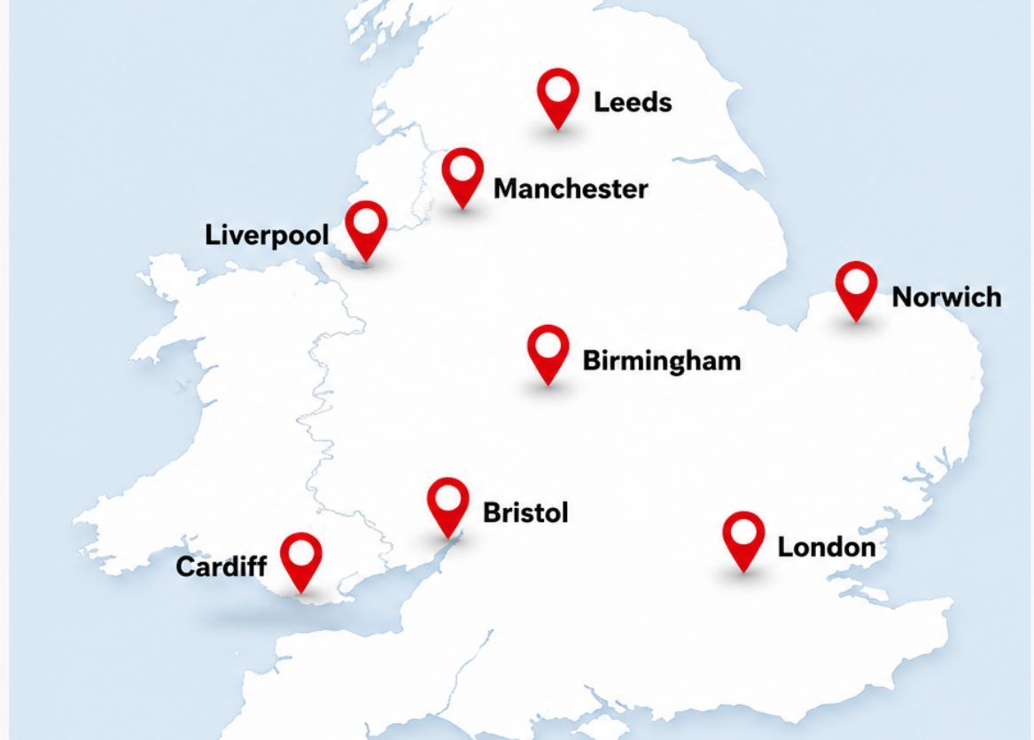 Map showing 247 Asbestos Services coverage across England and Wales including London, Birmingham, Manchester, Leeds, Cardiff and Bristol.