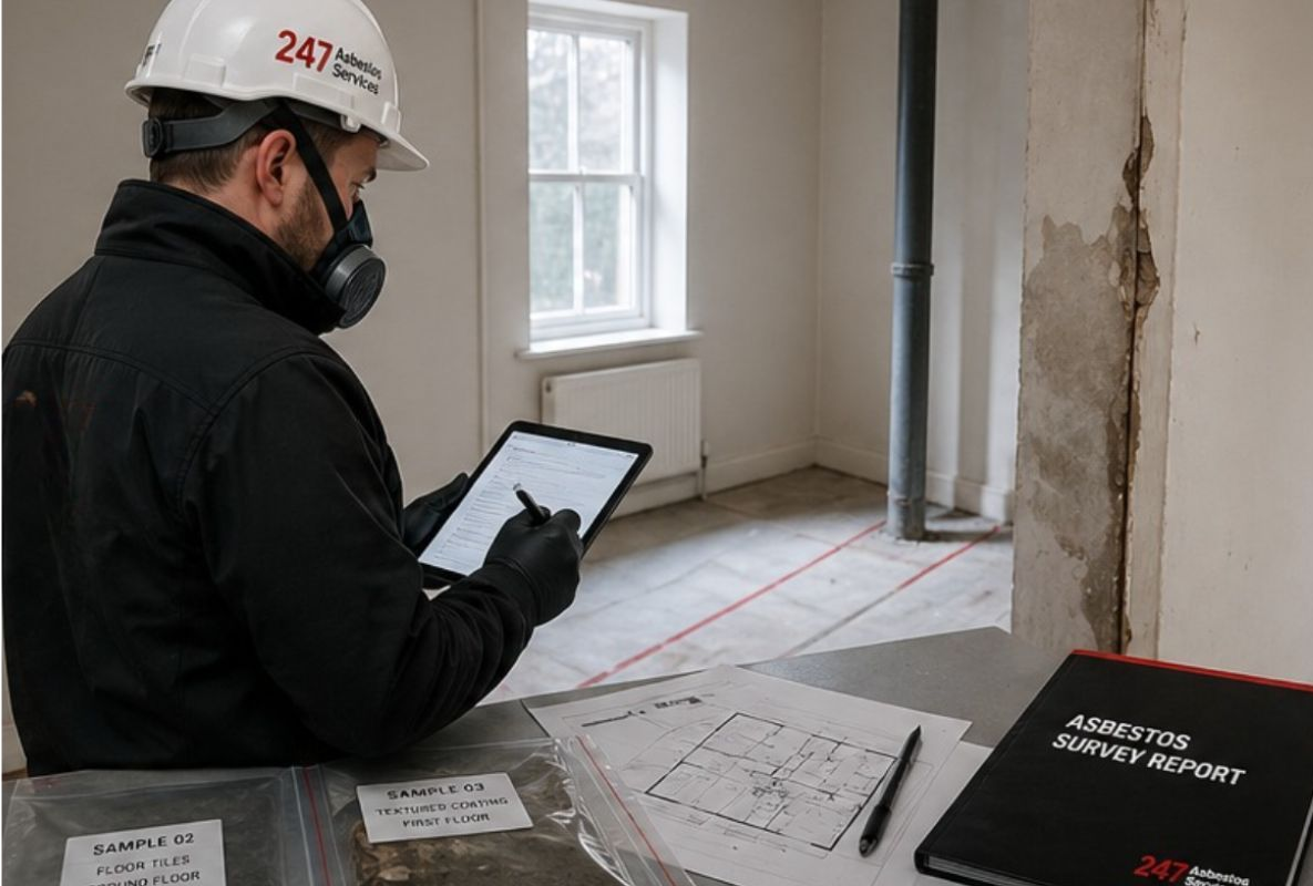 247 Asbestos Services surveyor recording asbestos inspection findings inside a property with sample bags, floor plans and an asbestos survey report.