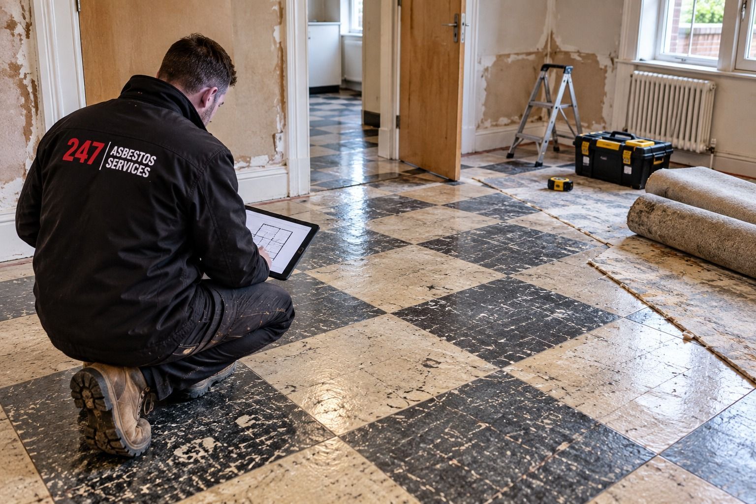 Surveyor assessing old floor tiles before refurbishment work
