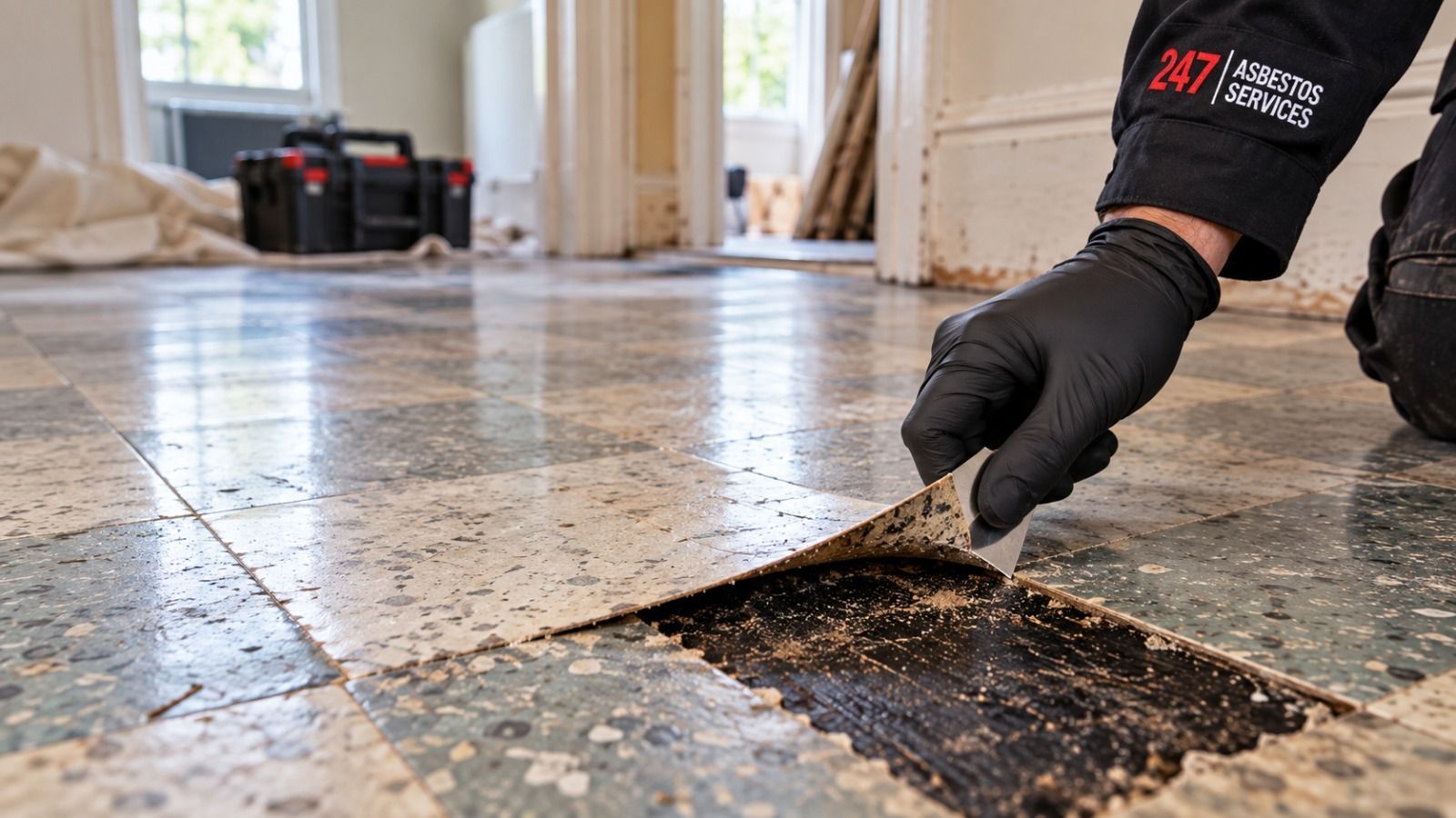 Older floor tiles being professionally assessed before refurbishment
