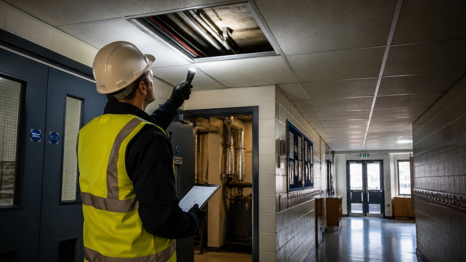 Asbestos survey inspection inside an older UK school or public building