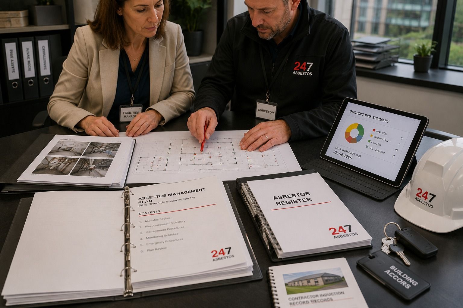 Asbestos Management Plan for Facilities Managers Facilities manager reviewing an asbestos management plan and building floor plans