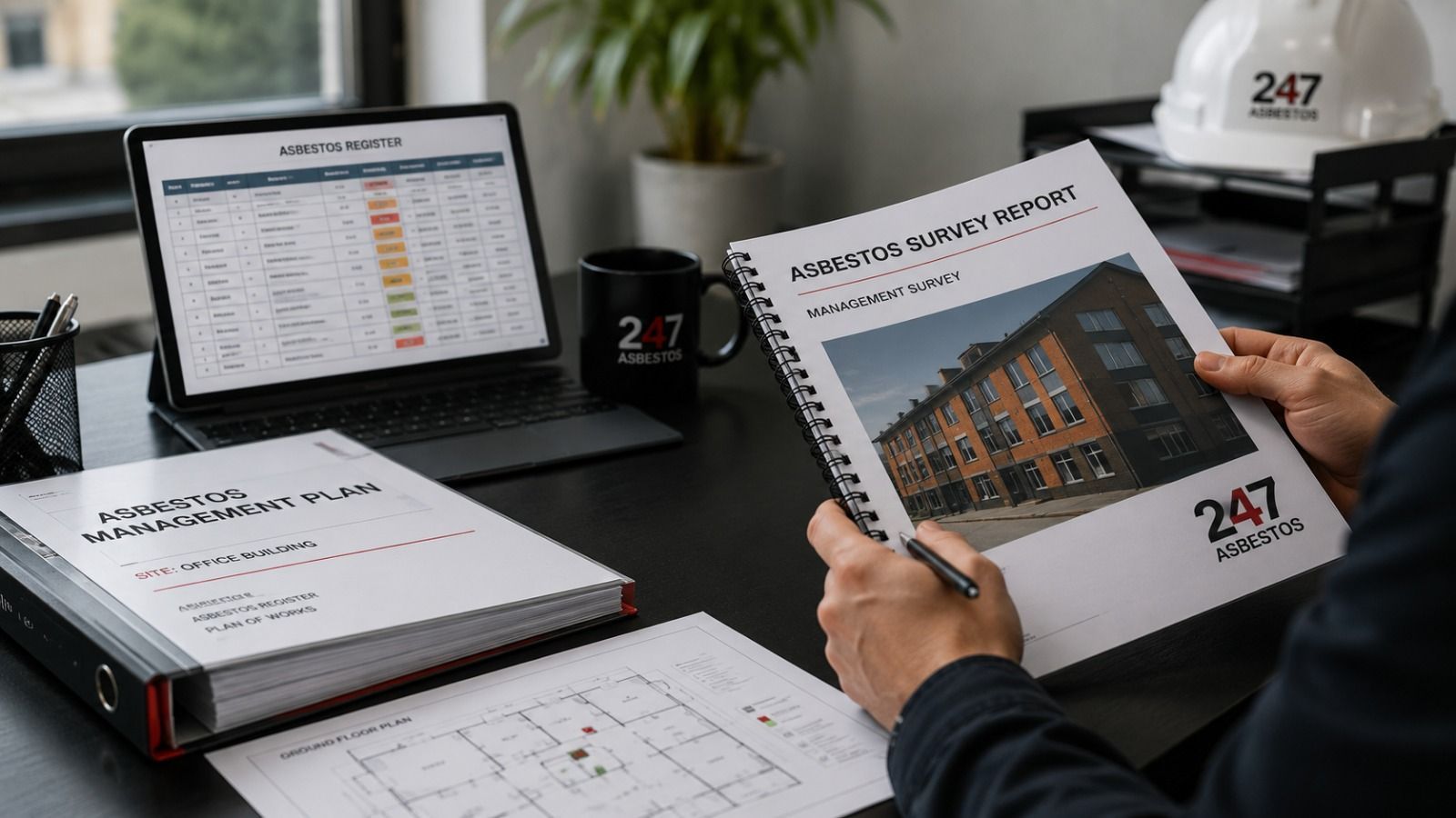 Asbestos Reports and Management Plans Asbestos management plan and asbestos survey report documents being reviewed by a property professional