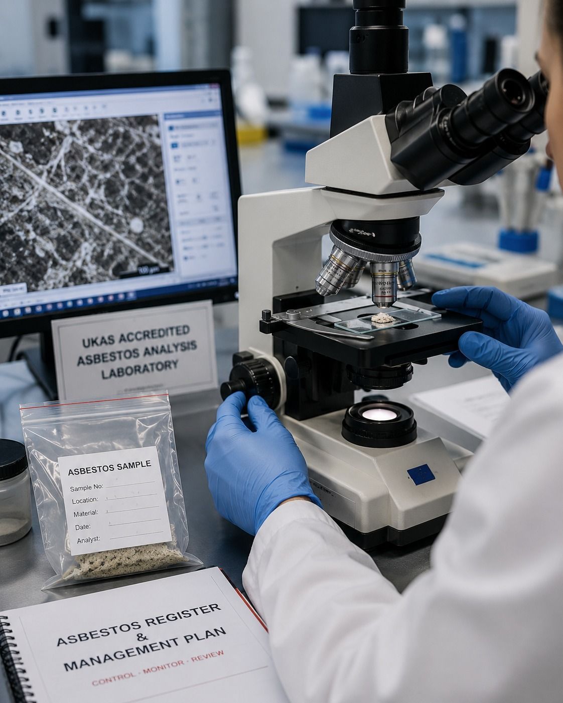UKAS asbestos laboratory testing Laboratory microscope used for asbestos sample analysis