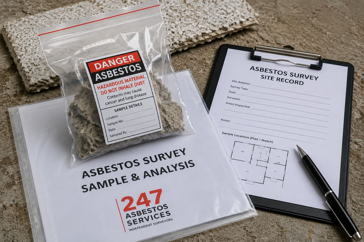 Asbestos sample bag and survey paperwork prepared for laboratory testing in Coventry