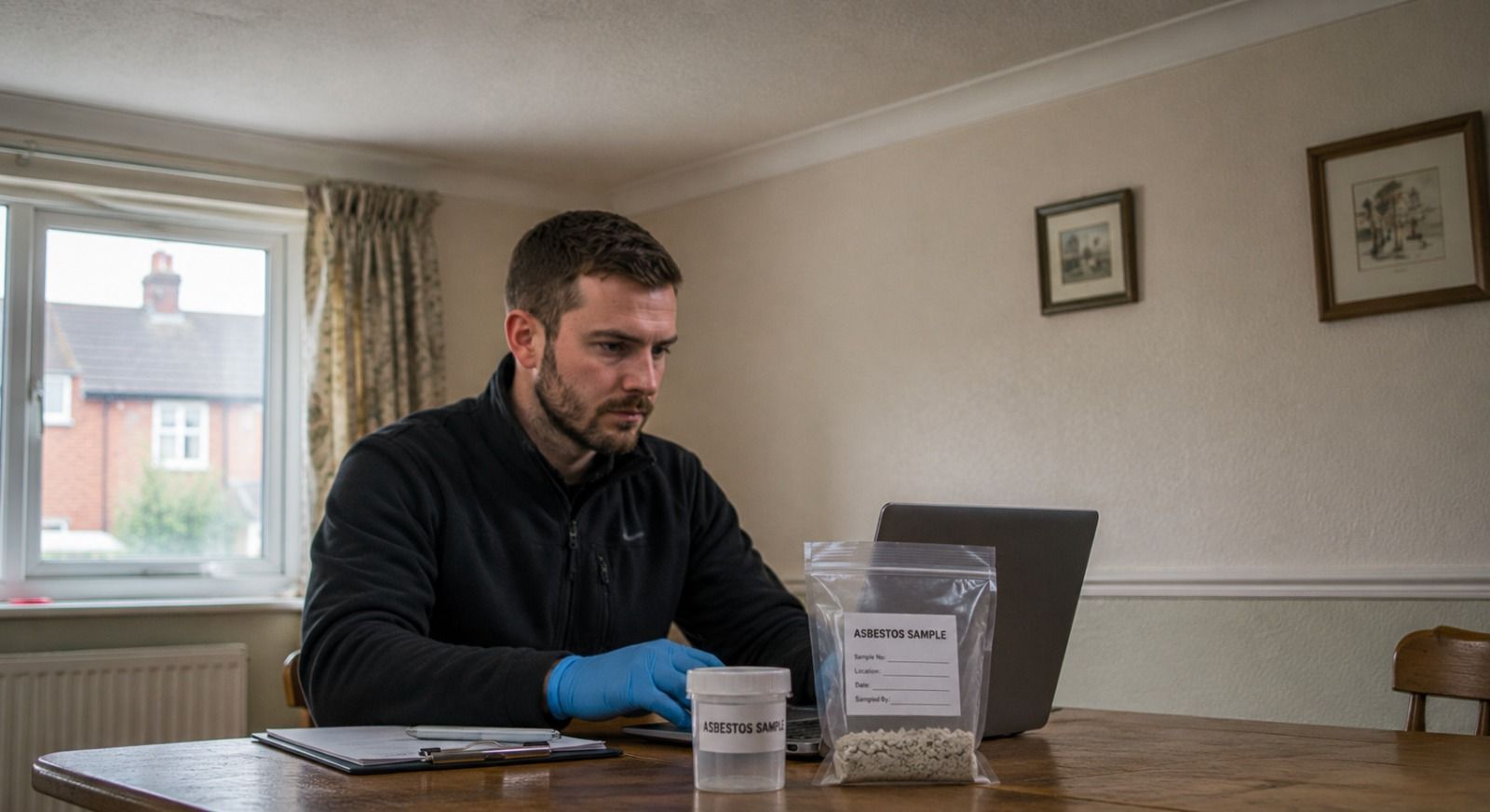 Surveyor recording asbestos sample information beside a laptop and sealed sample bag