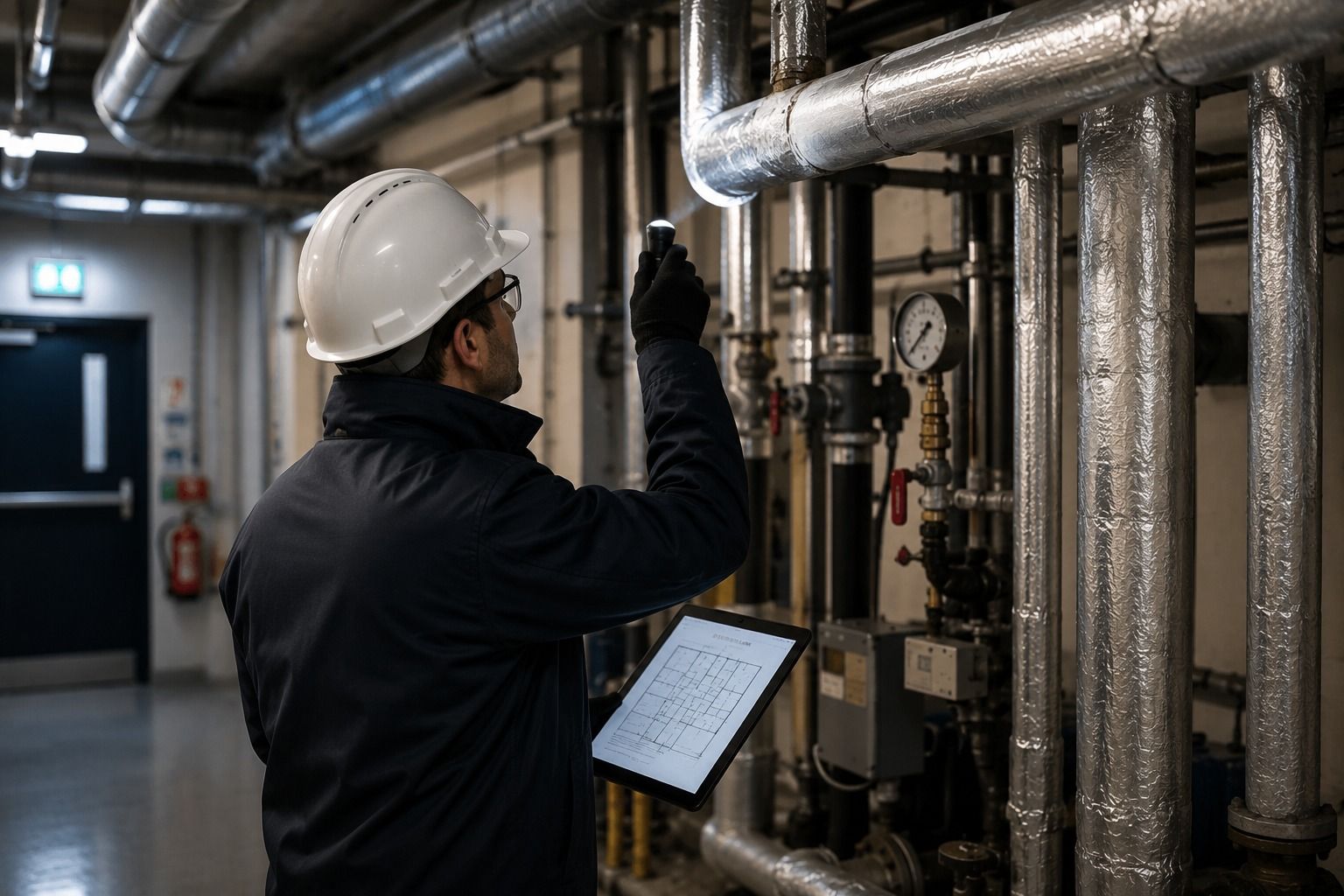 Asbestos surveyor inspecting a plant room service area in an education building