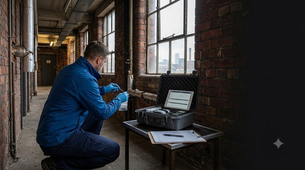 Qualified asbestos surveyor reviewing paperwork and sample records for an asbestos survey guide