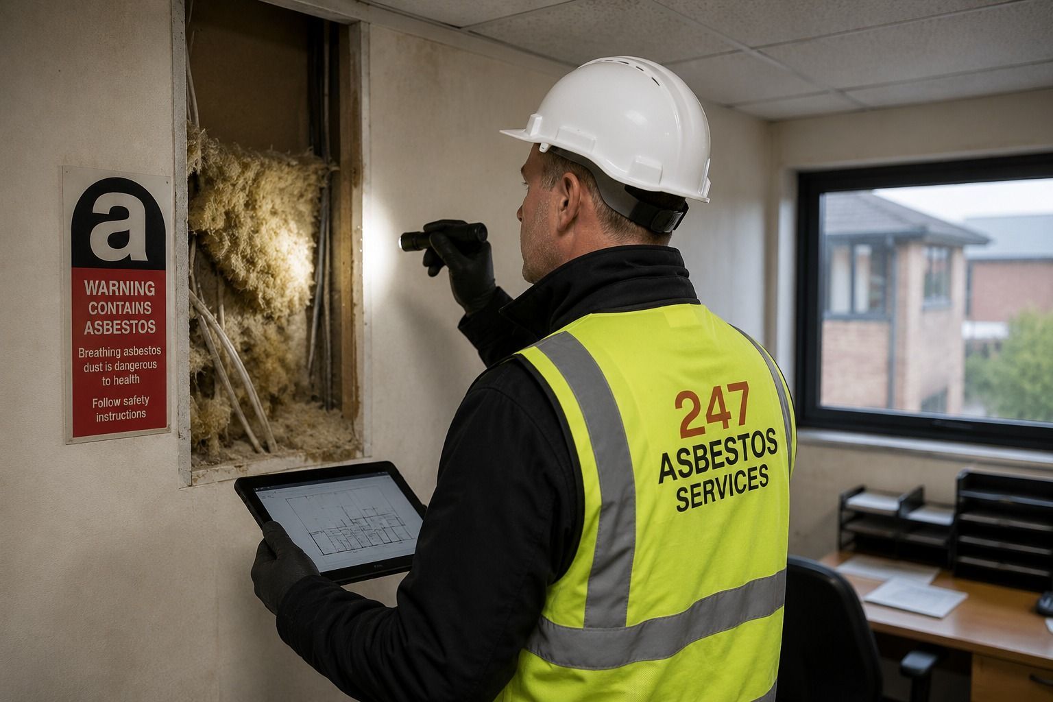 247 Asbestos Services surveyor inspecting suspected asbestos materials inside a UK property