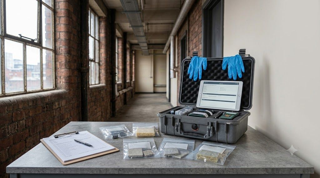 Asbestos survey paperwork and sealed sample bags used to decide between a full survey and targeted sampling