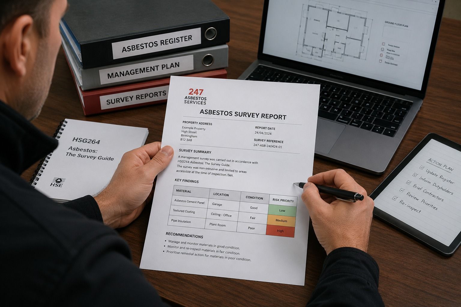 Asbestos survey report, register and management plan being reviewed for a UK property