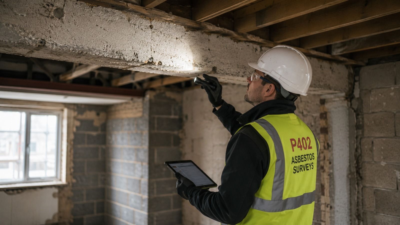 P402 asbestos surveyor inspecting a Coventry property before refurbishment work