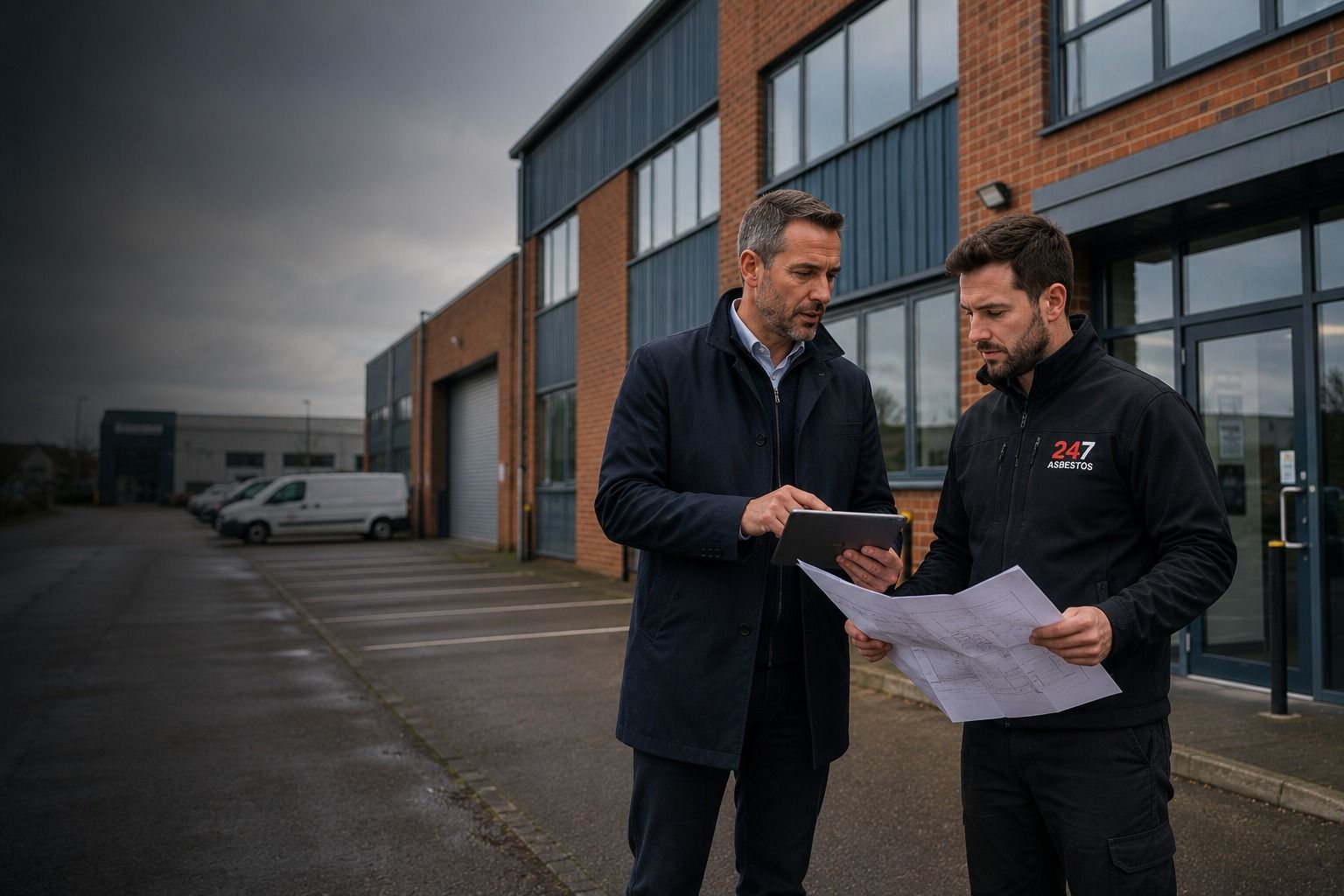 Asbestos Surveys for Commercial Property Owners Commercial property manager and asbestos surveyor reviewing a business premises