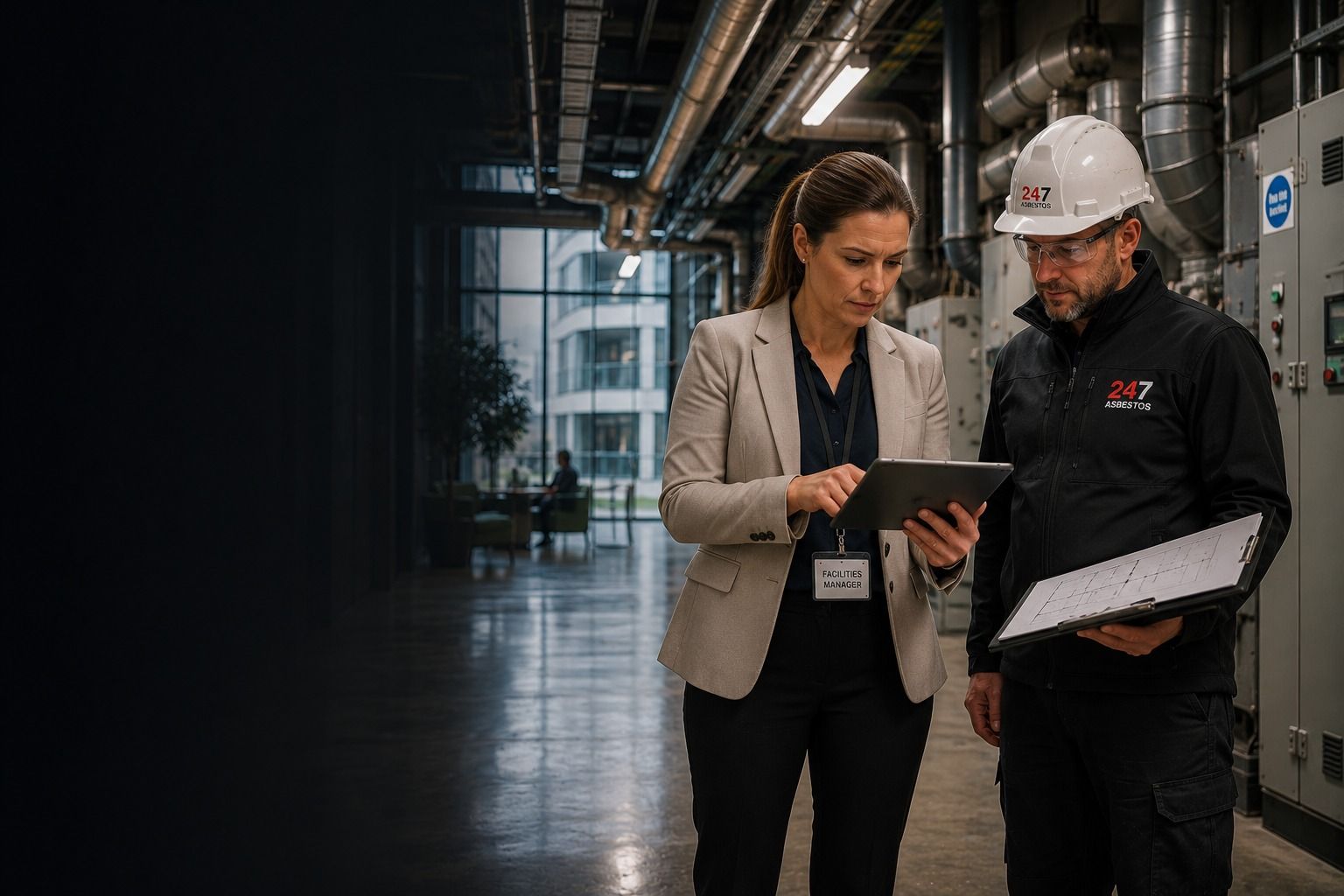 Asbestos Surveys for Facilities Managers Female facilities manager and asbestos surveyor reviewing a managed building