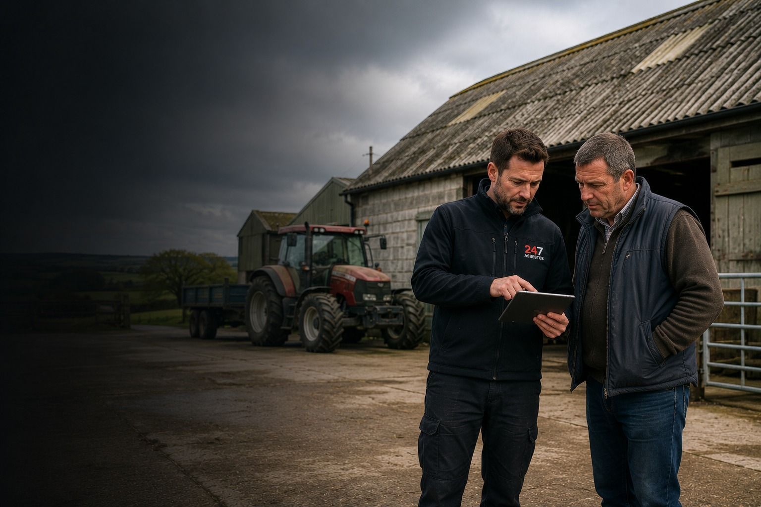 Asbestos Surveys for Farms and Rural Properties Farmer and asbestos surveyor reviewing an older agricultural building