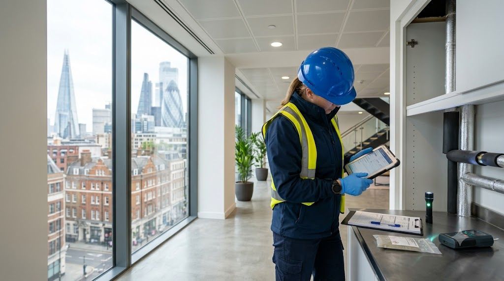 Asbestos Surveys London & South East Independent asbestos survey inspection in a London commercial property with the city skyline in the background
