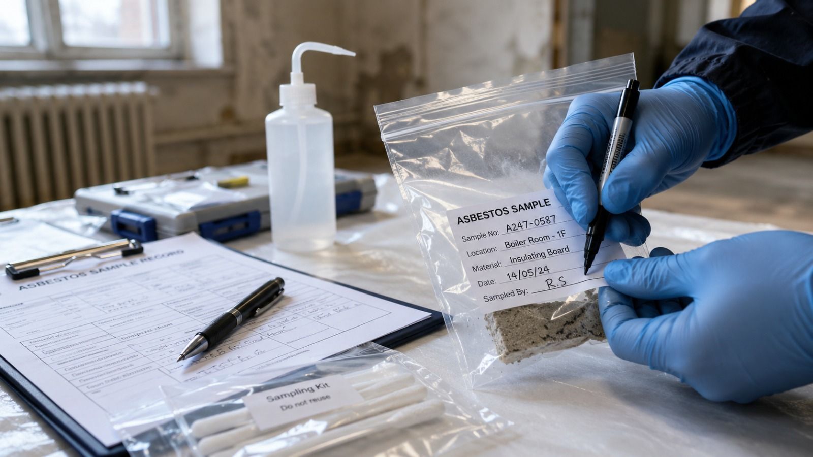 Asbestos Testing and Sampling Asbestos sample bag prepared for UKAS-accredited laboratory testing