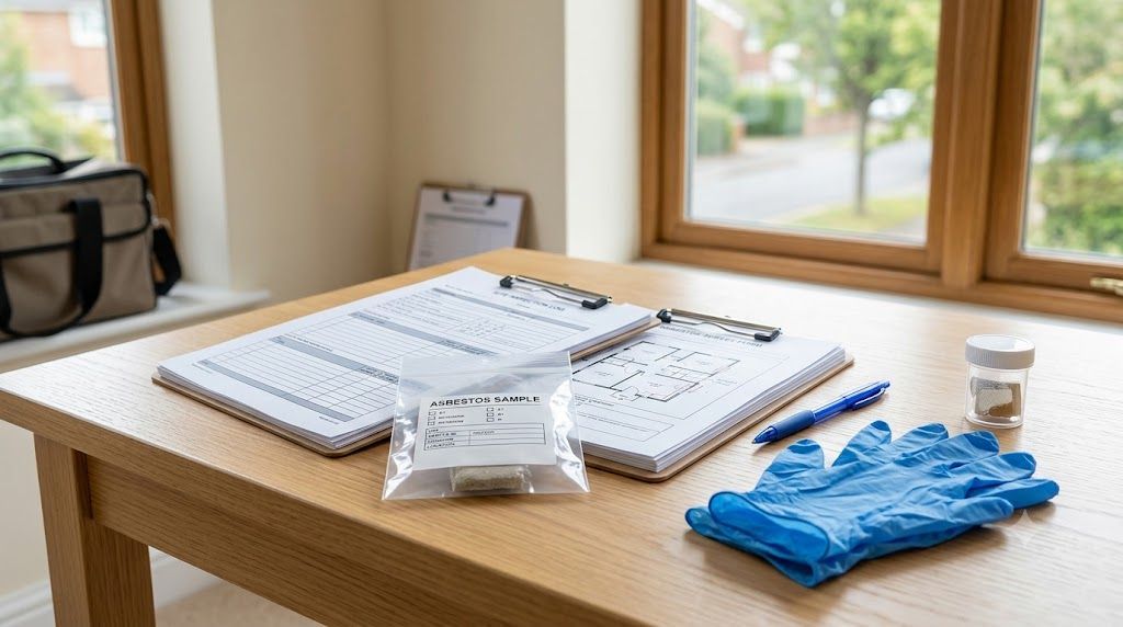 Asbestos sample bag and survey paperwork prepared for laboratory testing in Solihull