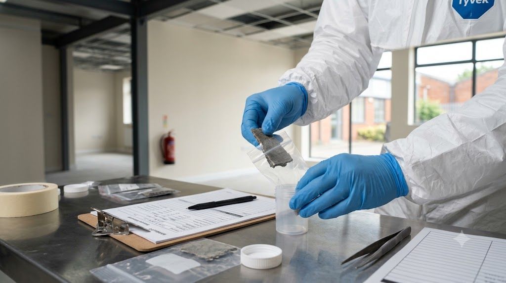 Asbestos sample bag and survey paperwork prepared for laboratory testing in Wolverhampton