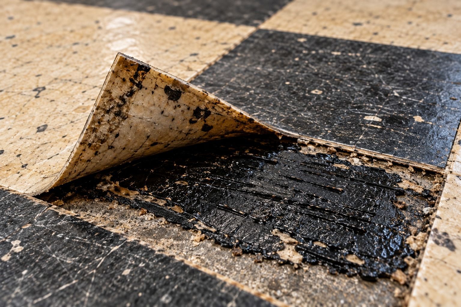 Black bitumen or mastic adhesive exposed beneath an older floor tile