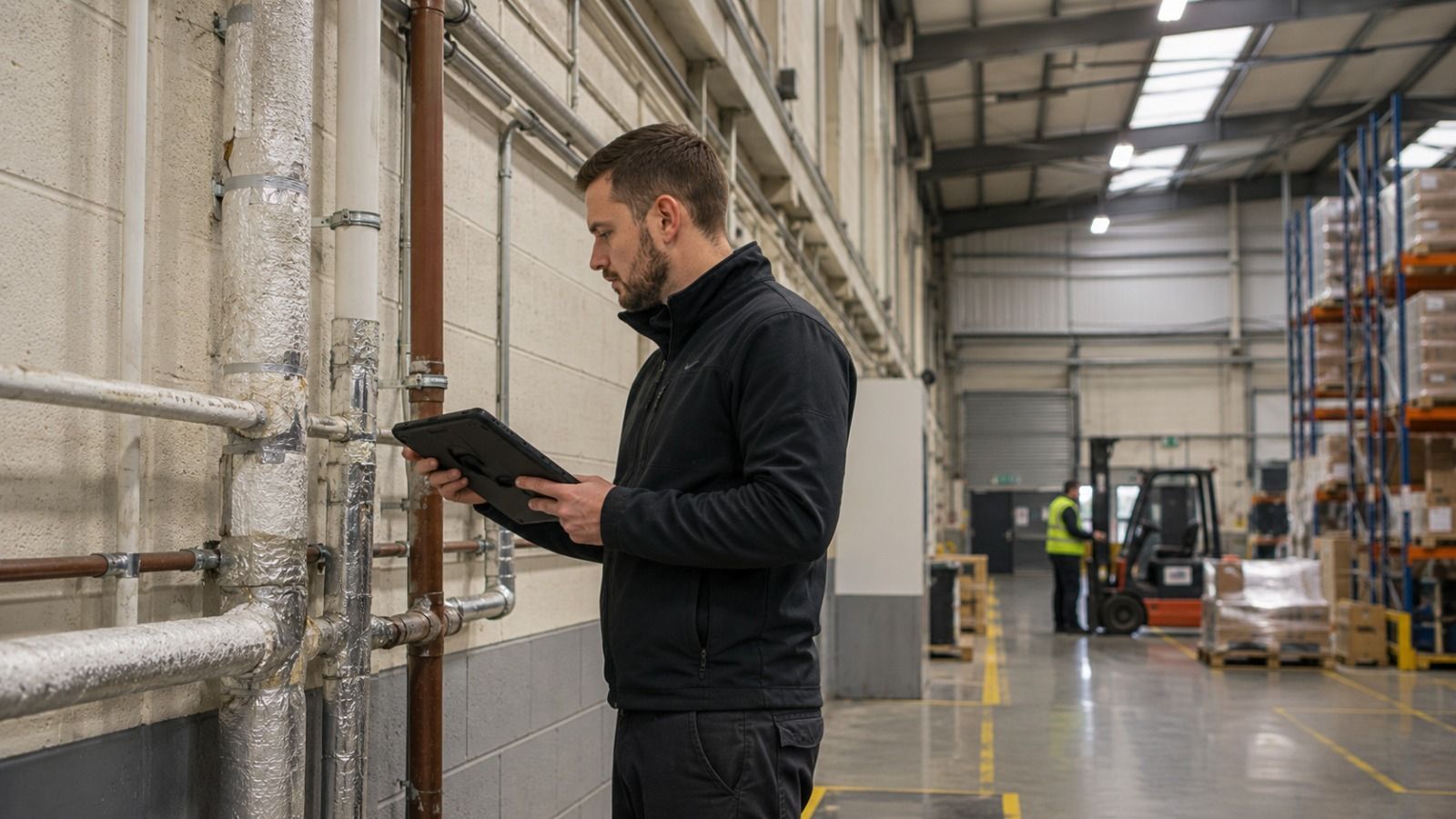 Asbestos surveyor inspecting building services during a commercial property survey