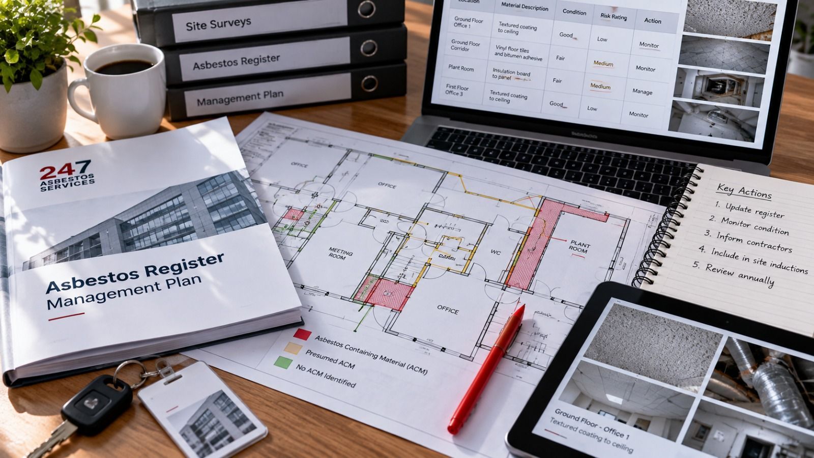 Commercial asbestos register, management plan and property survey information being reviewed