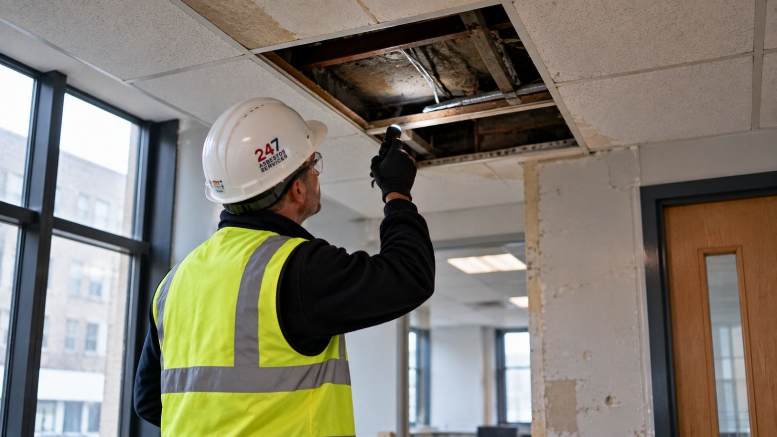 Asbestos surveyor inspecting an older commercial building during a management asbestos survey
