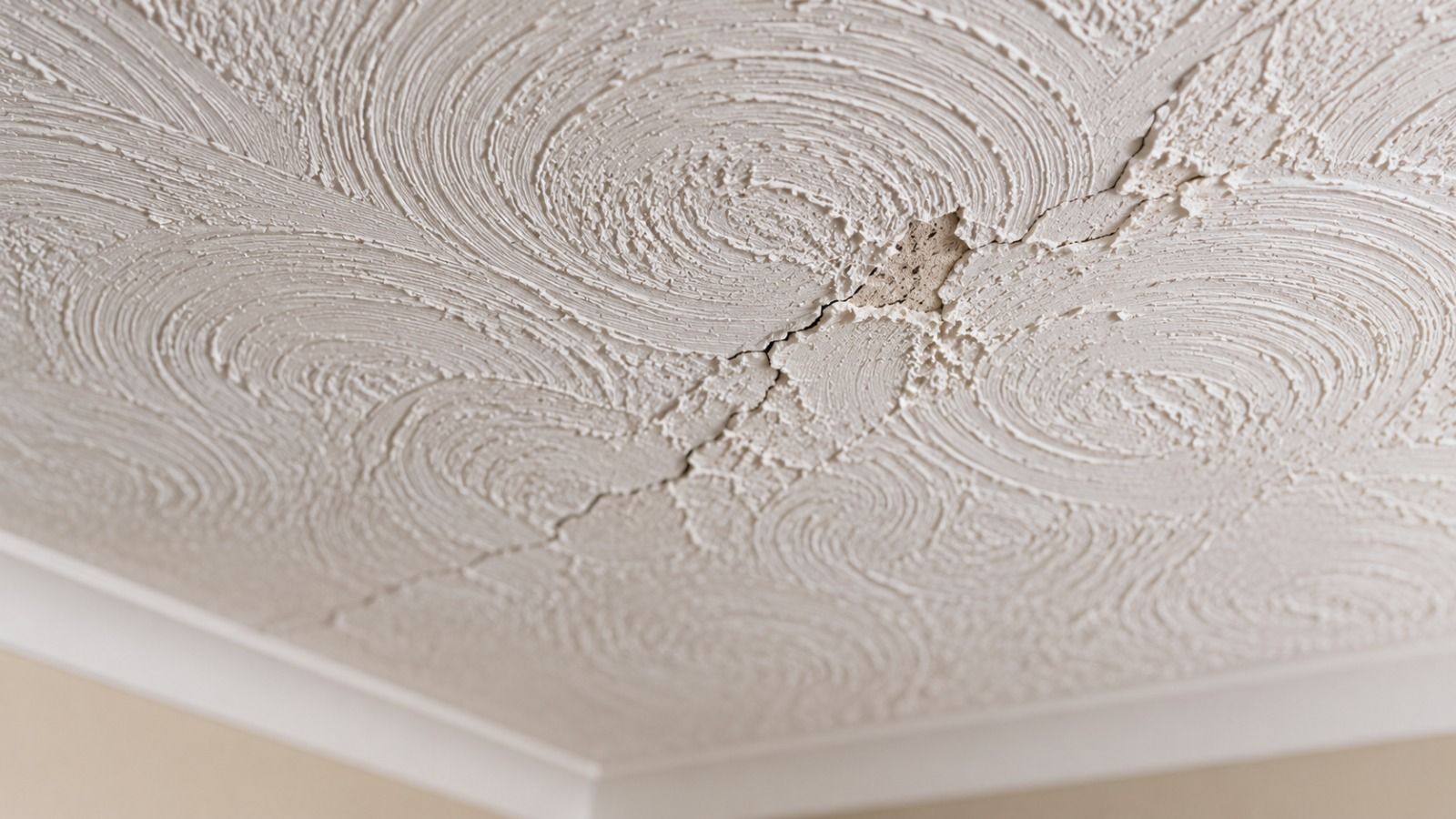 Damaged textured Artex ceiling showing cracking and local deterioration