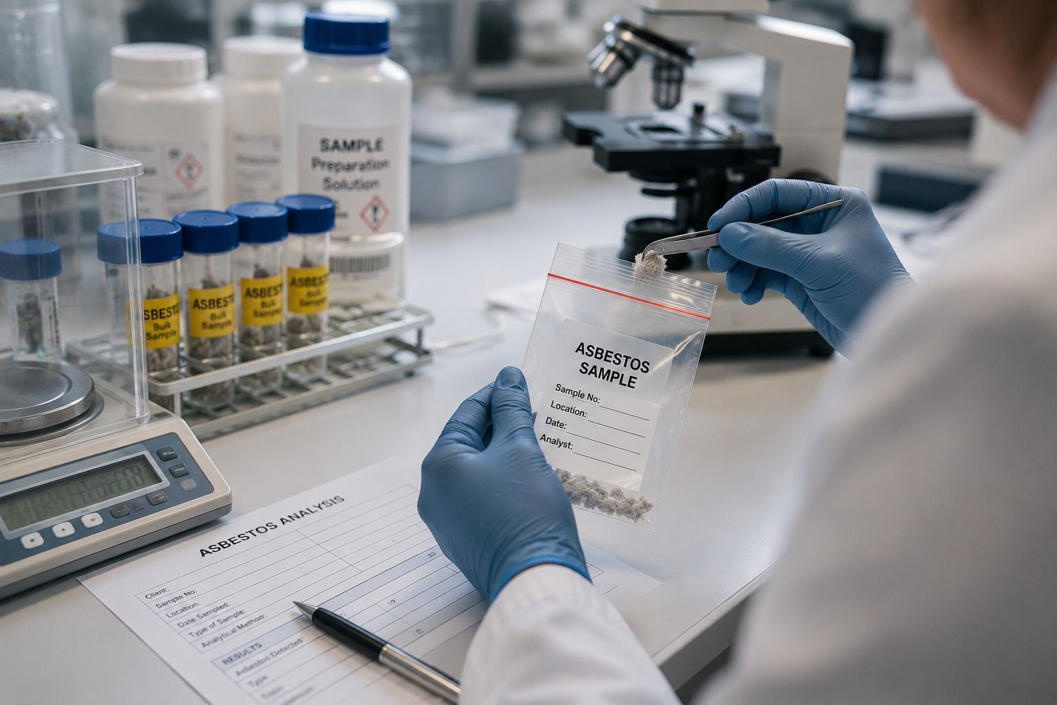 Asbestos Sampling for Rental Property Labelled asbestos sample being analysed from suspected rental property material