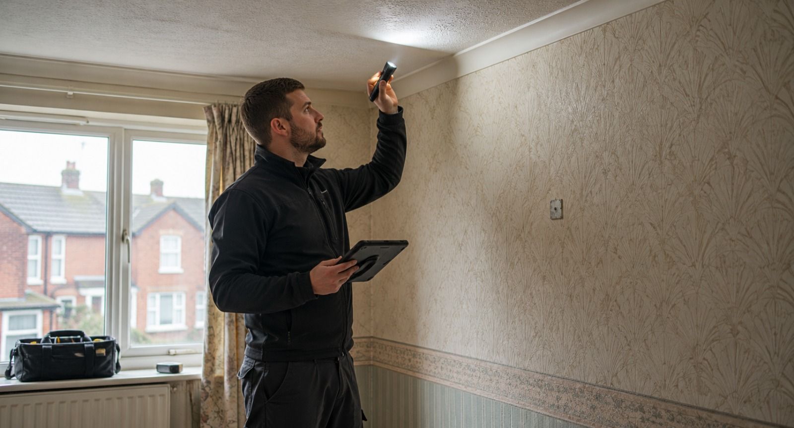 Asbestos surveyor inspecting a textured ceiling in a Warwick home