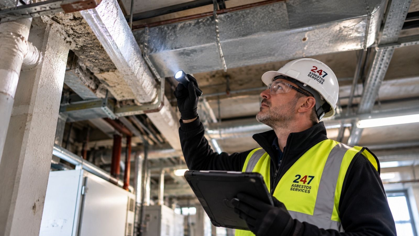 Asbestos surveyor inspecting a commercial property as part of duty to manage asbestos responsibilities
