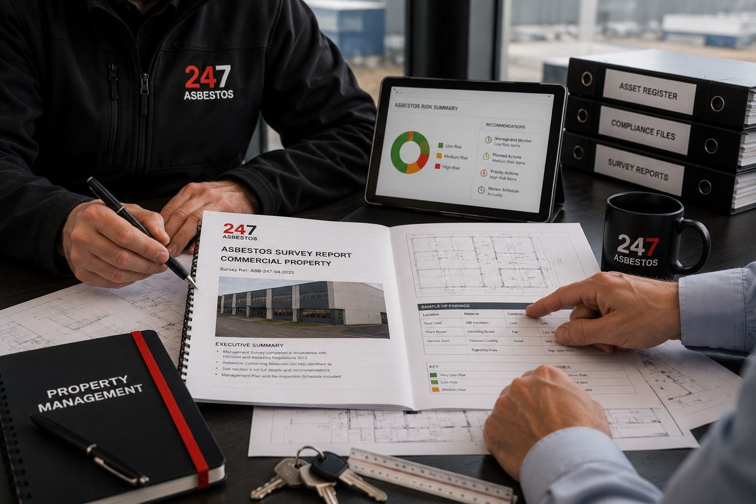 Commercial property asbestos survey report with floor plans, findings and management records