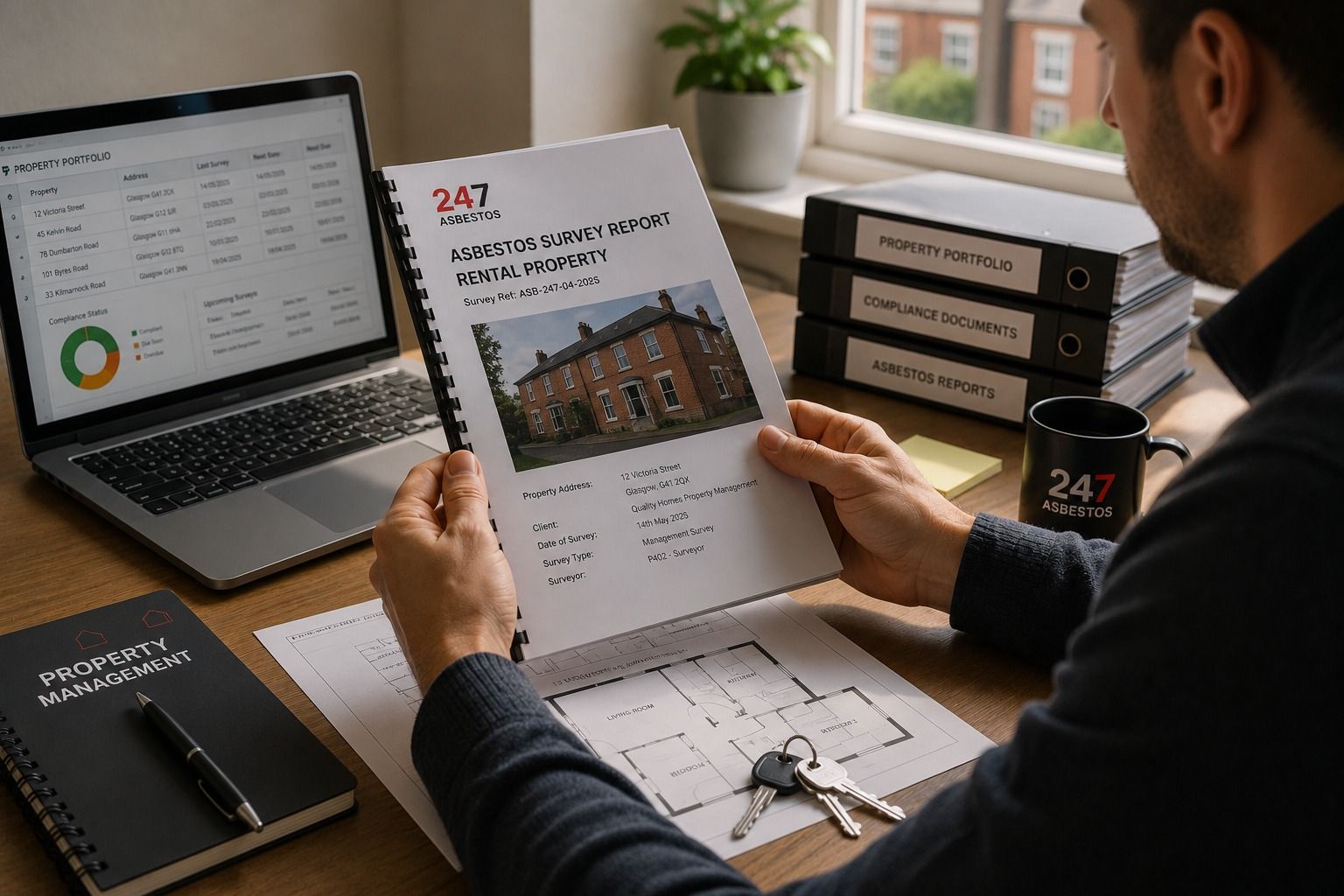 Independent Asbestos Reporting for Landlords Landlord reviewing an asbestos survey report and rental property floor plan