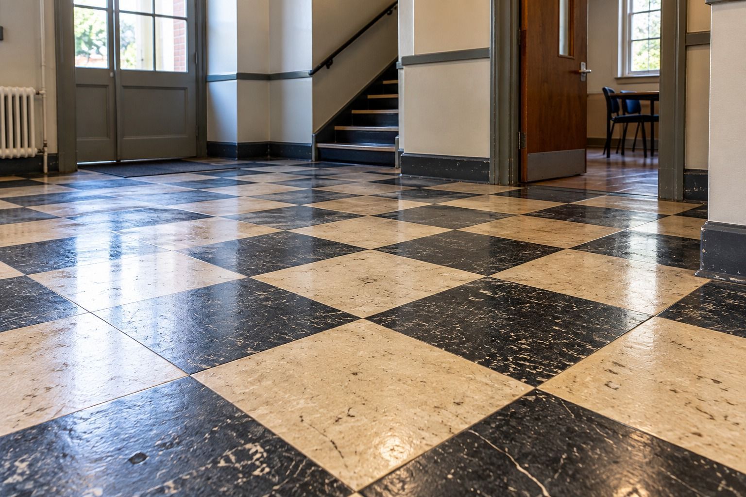 Intact older floor tiles remaining in place in a UK building