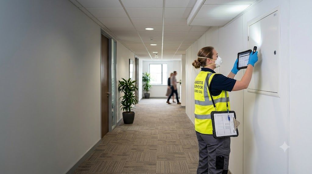 Management asbestos survey inspection Qualified asbestos surveyor inspecting accessible areas during a management asbestos survey