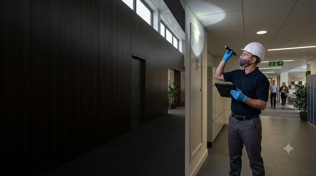 Management Asbestos Surveys for Occupied Buildings Asbestos surveyor carrying out a management asbestos survey in an occupied commercial building