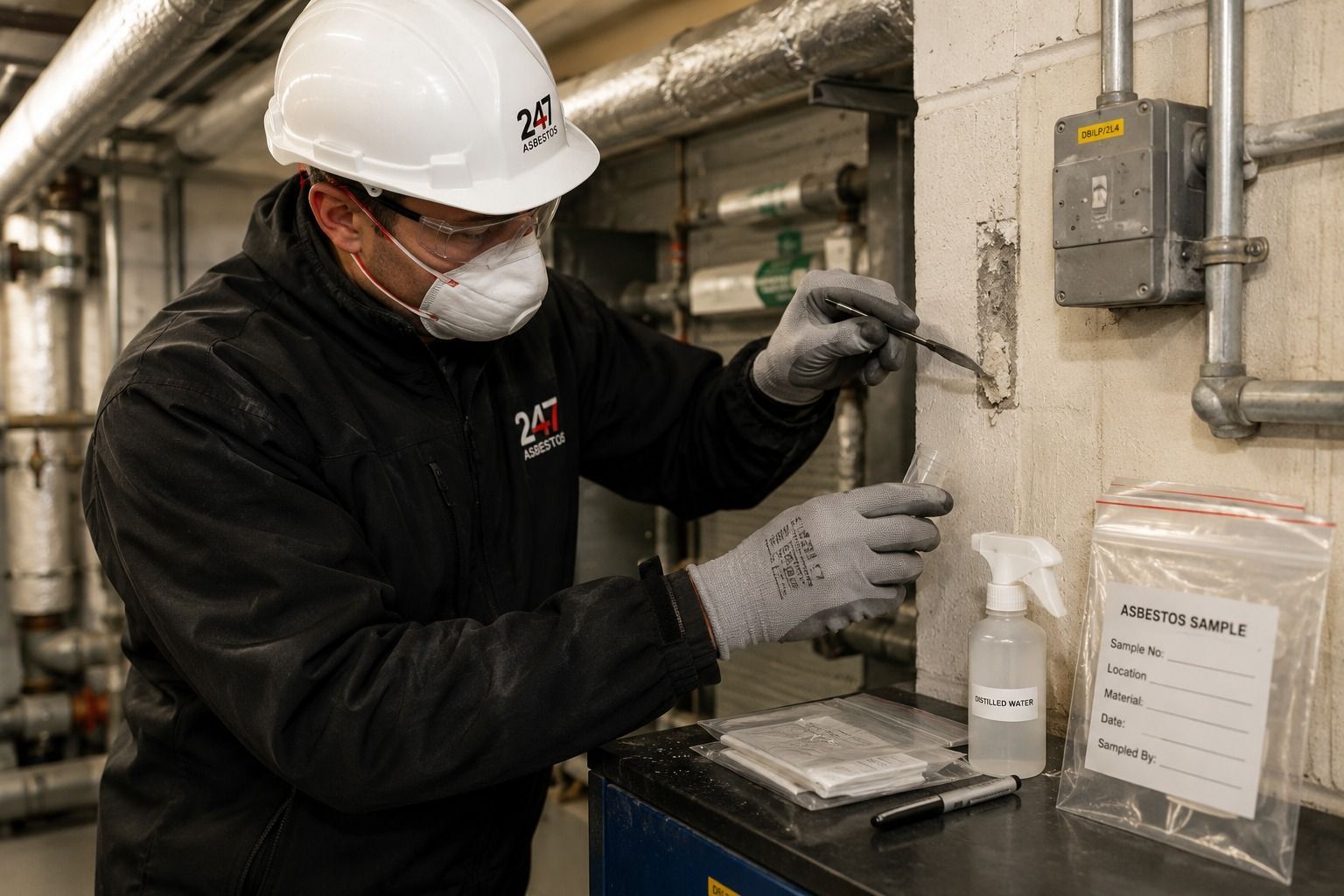 Asbestos sampling process Qualified asbestos surveyor carefully taking a sample of suspected asbestos material