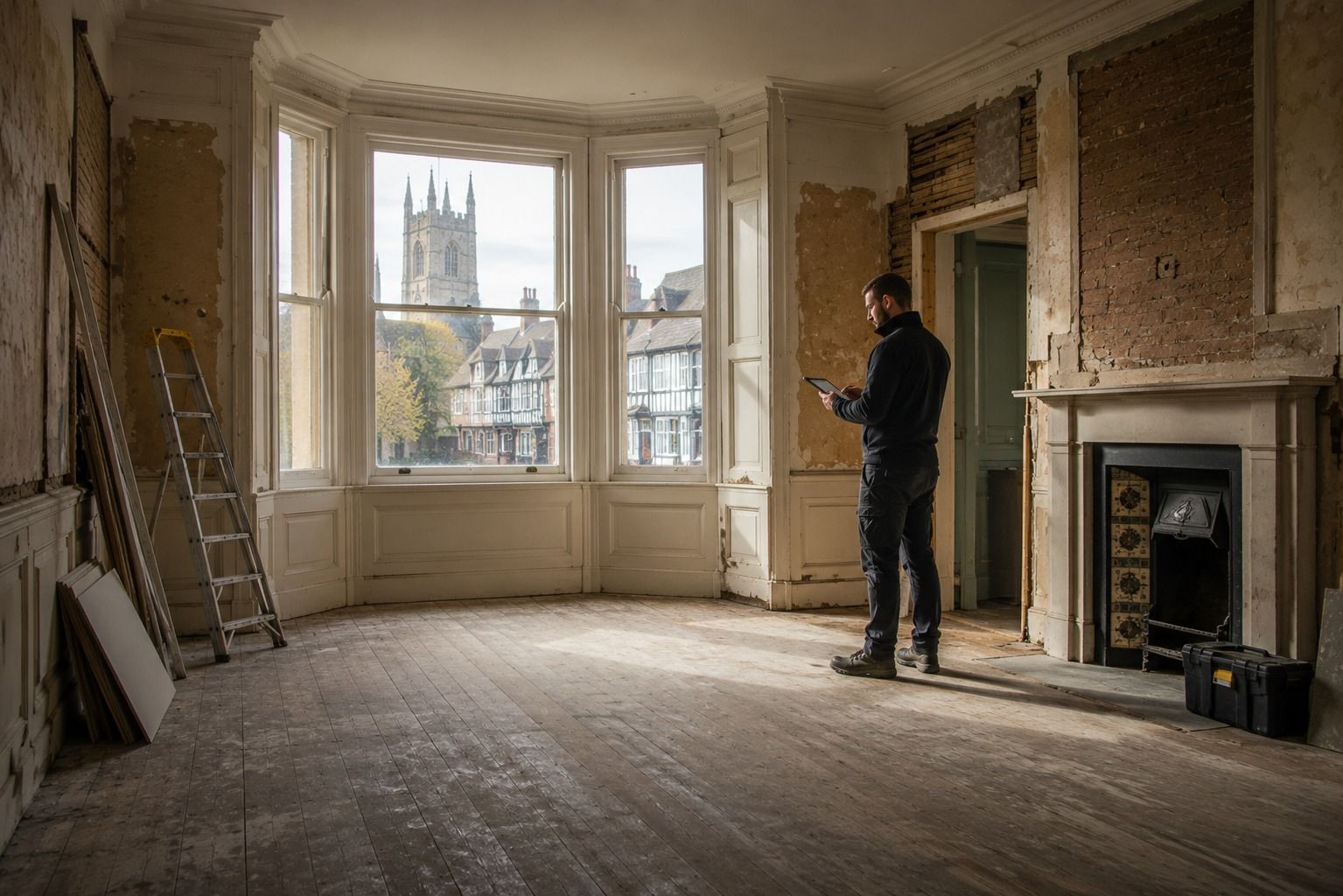 Surveyor assessing a period Warwick property before refurbishment work begins